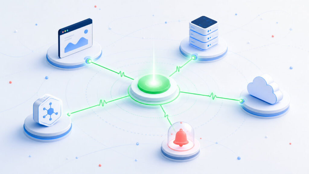 Connected website, API, server, cloud and alerting services monitored from a central reliability signal